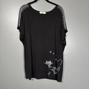 Julia Women's Dopamine Rhinestone Bling Cat Black Top - Size L/XL - Whimsygoth